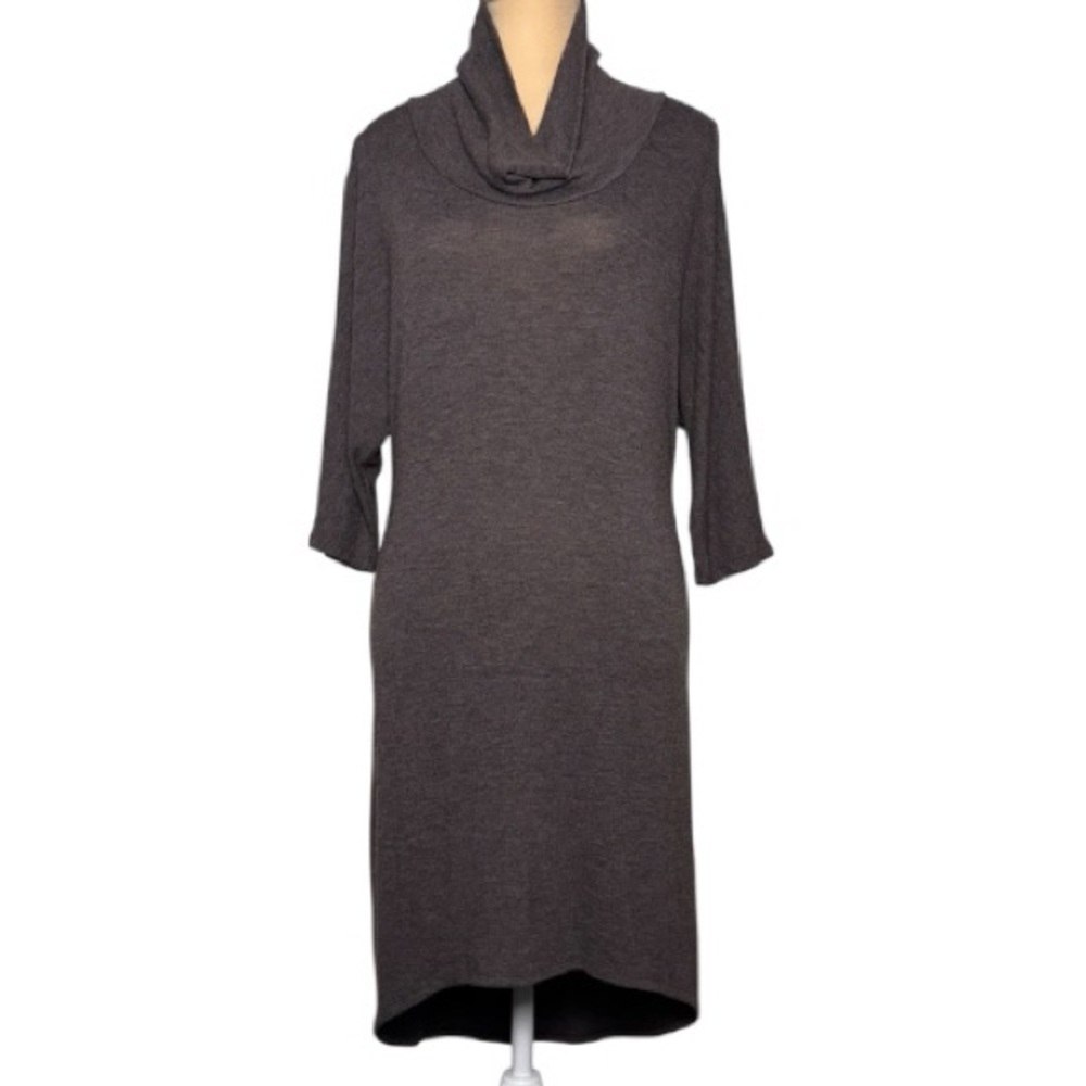 Three Dots Brown Cowl Neck Sweater Dress Midi Lightweight 3/4 Sleeve Size S EUC